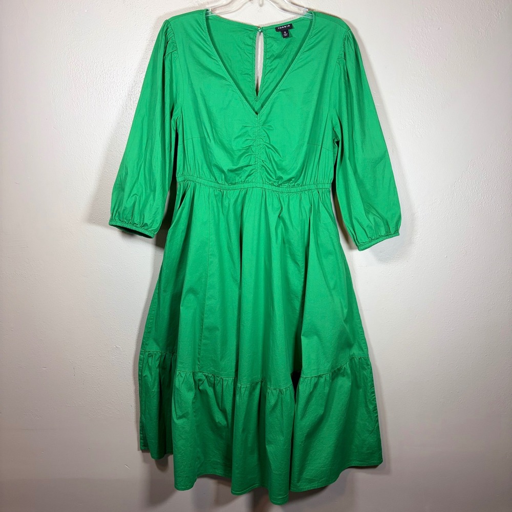 Torrid Green Cotton Poplin Ruched V-Neck Tiered Midi Dress Plus Size 0 L XL